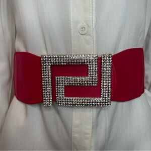Red PU leather square  buckle with rhinestones details elastic waistband belt